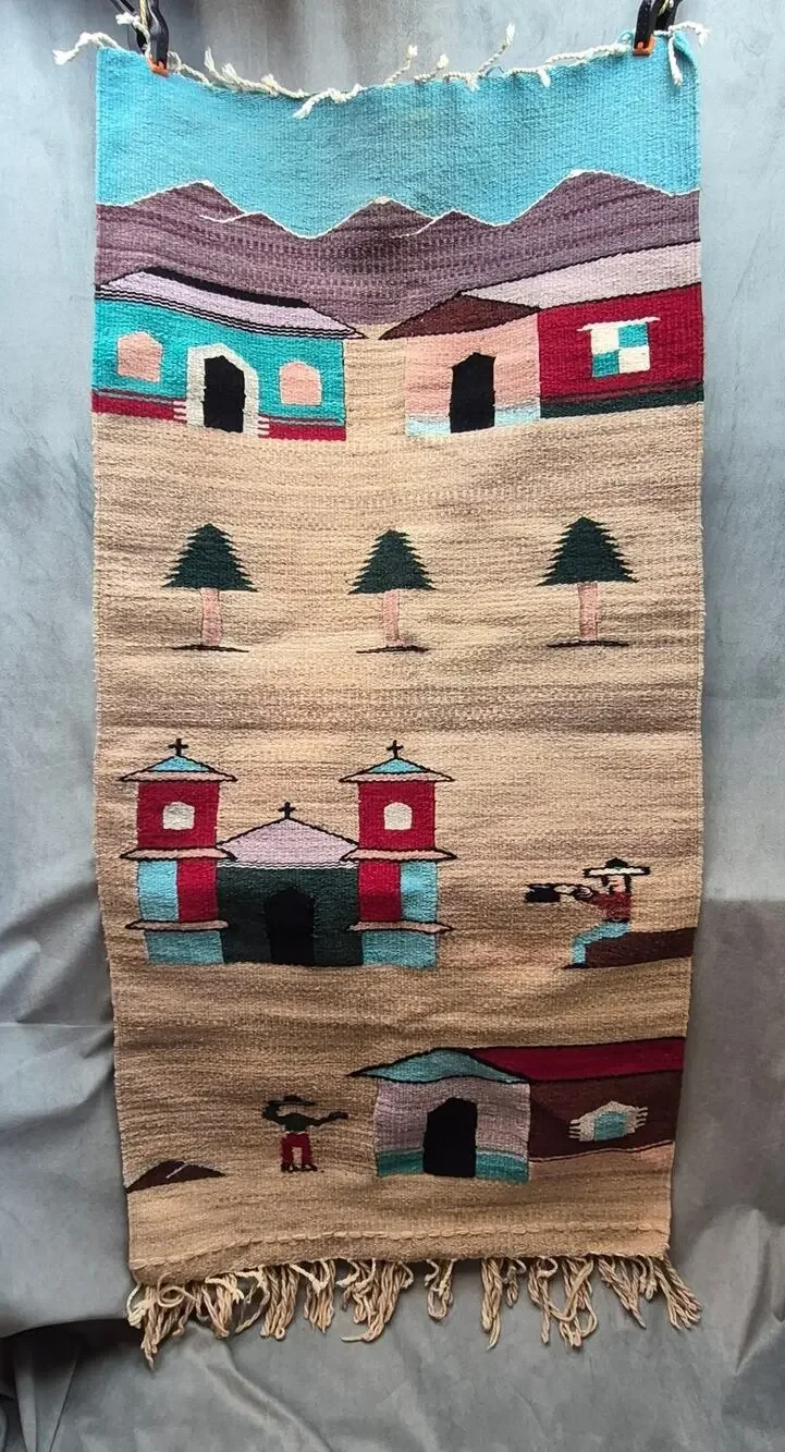 Vintage Mexican Southwest Village Church Scene Wool Tapestry/Wall Hanging Woven